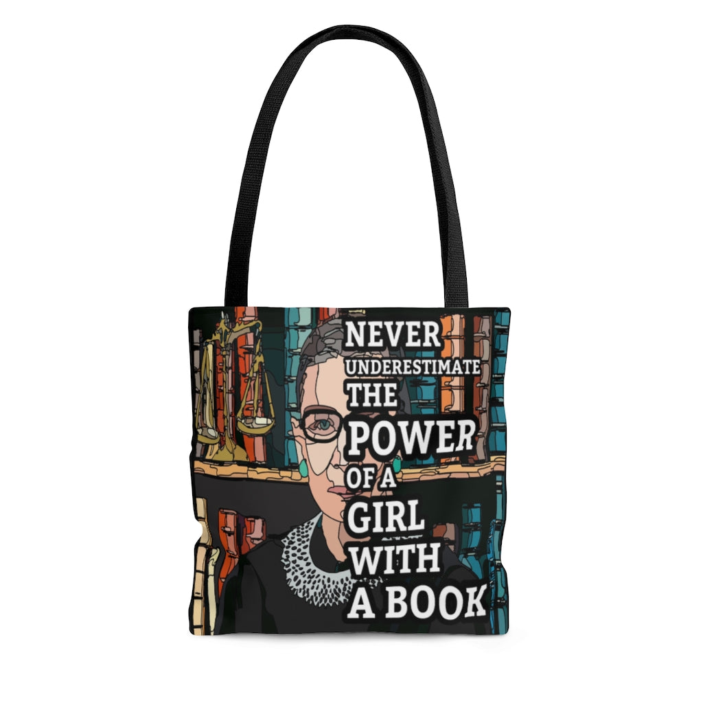 Ruth Bader Ginsburg with Scales of Justice & Books RBG Tote Bag