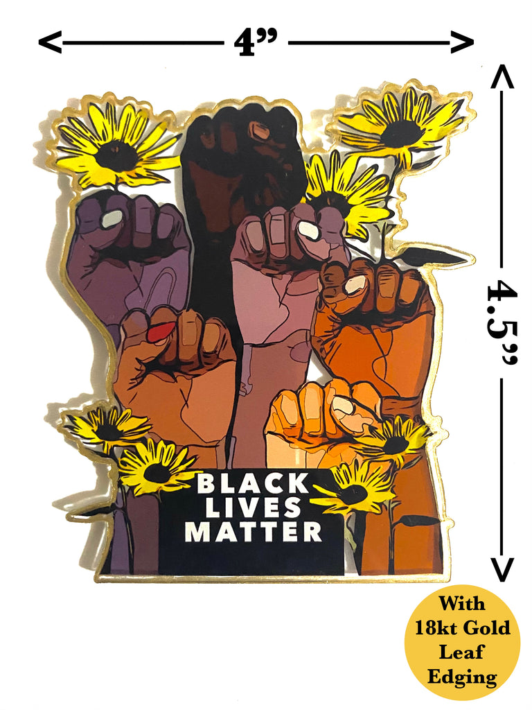 Black Lives Matter Art Illustration Acrylic Coaster Sets with 18kt Gold Leafing Edging + Free Display Stand Holder